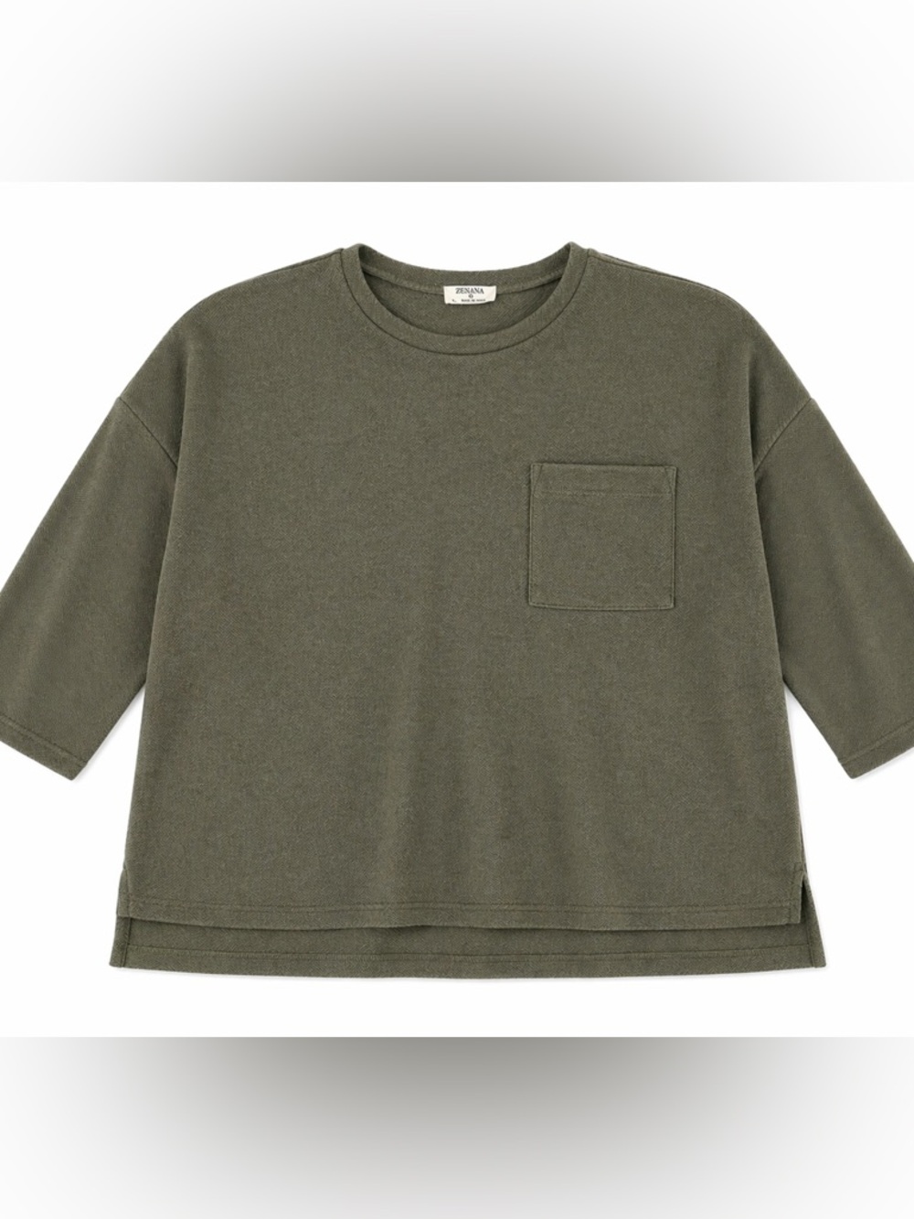 Zenana Olive Green Textured Pocket Top Women’s Size Large Casual Boxy Tee